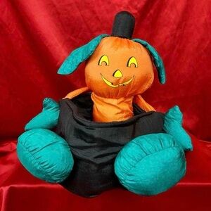 Vtg 1980s Halloween Nylon Stuffed Pumpkin Trick-Or-Treat 15"  Candy Gift Basket